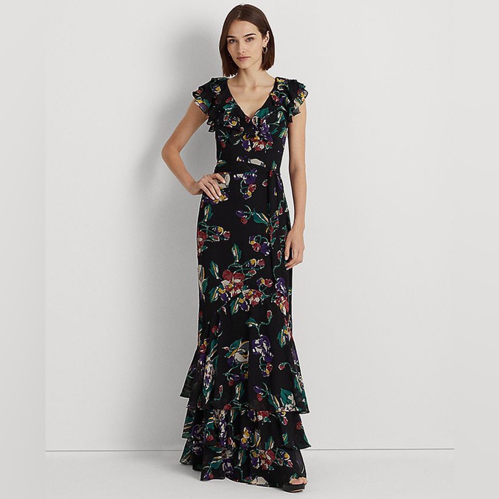 Lauren Ralph Lauren Floral Crinkle Georgette Gown- Size 16